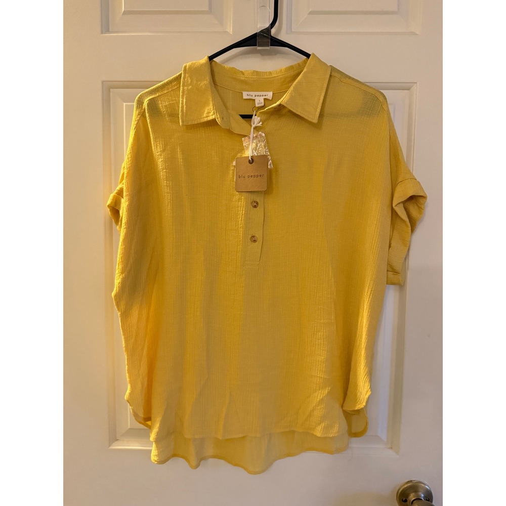 Blu Pepper Women Mustard Yellow Textured Gauze High Low Button Blouse Large NWT